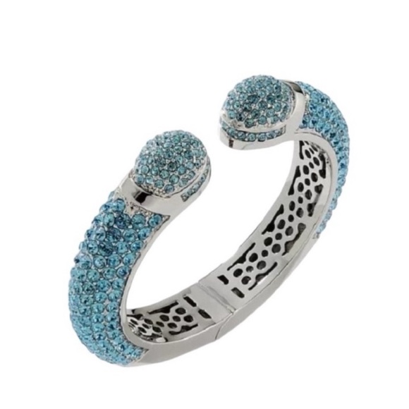 Joan Boyce Aqua Blue Pave Crystal “Kissable" Silver Cuff Bracelet - Picture 1 of 8